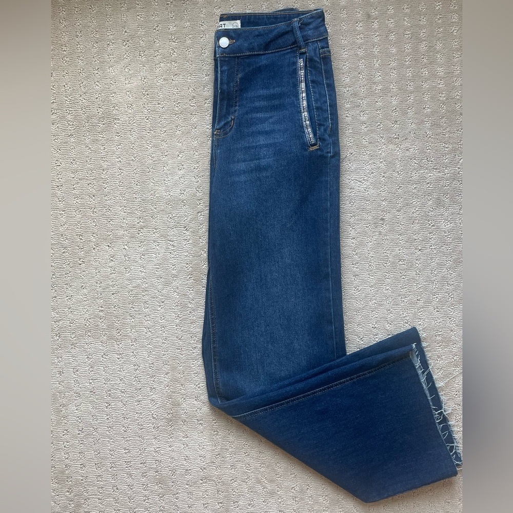 OAT‎ New York High Rise Wide Leg Denim Trouser, Rhinestone Detail, Raw Hem, Sz 2 - Picture 4 of 16